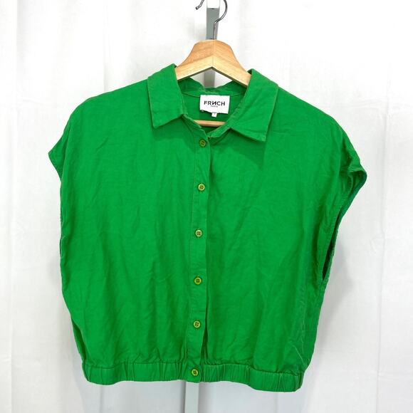 FRNCH Paris Elvan Shirt Button Up Boxy Cap Sleeve Linen Blend Green Size L - Picture 1 of 10